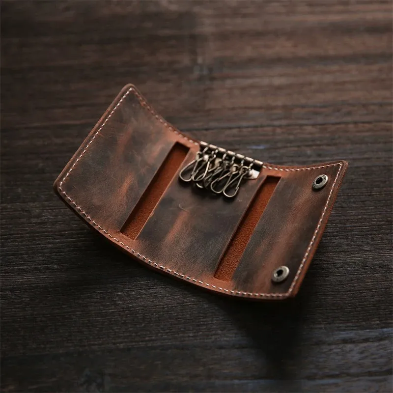 Vintage Handmade Top Layer Leather Keychain for Men Solid Color Multifunctional Key Holder & Card Case with Buckle Closure