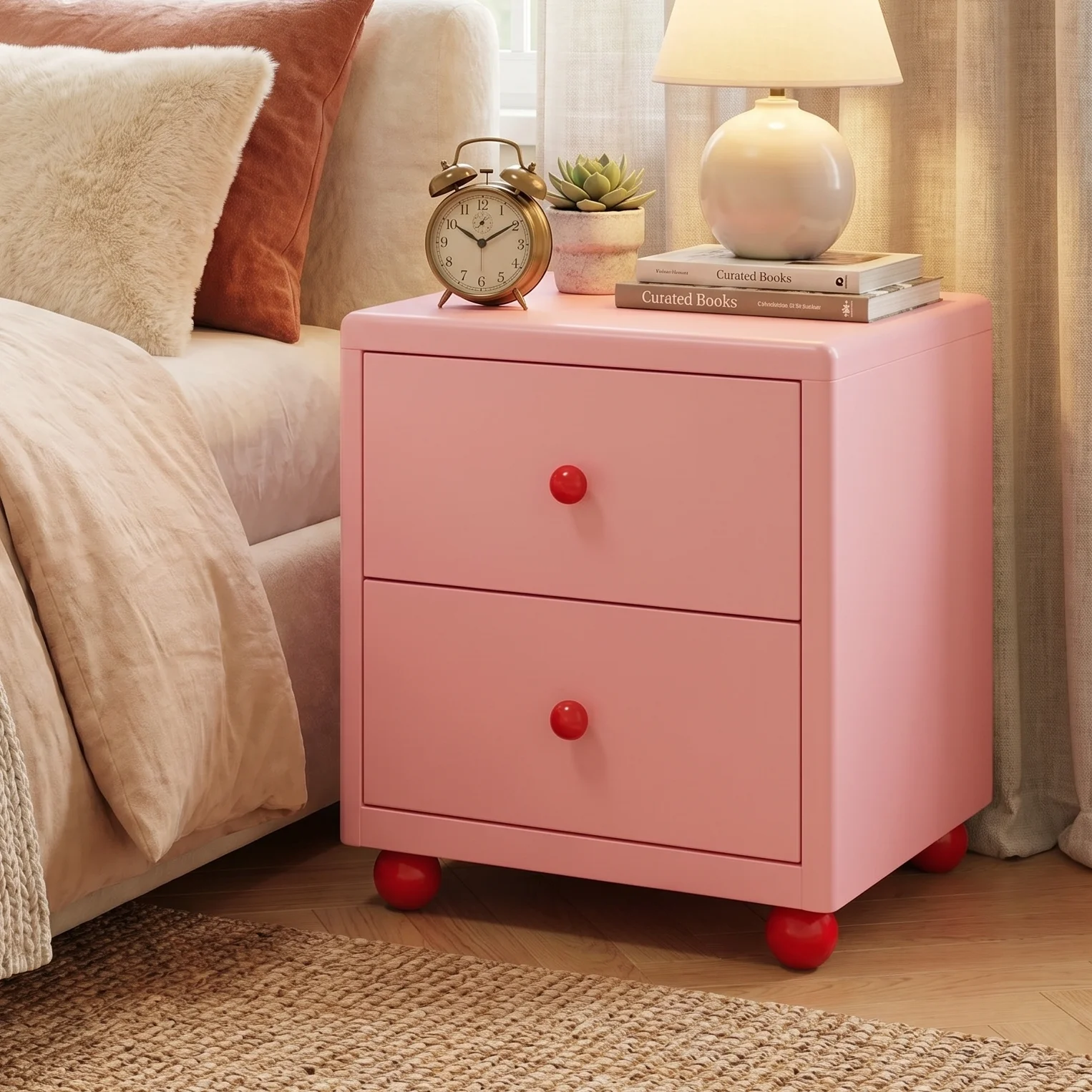 #Pink Princess Metal Bedside Cabinet with Heart-shaped Handles Safe Rounded Corners Cute Girl's Bedside Table