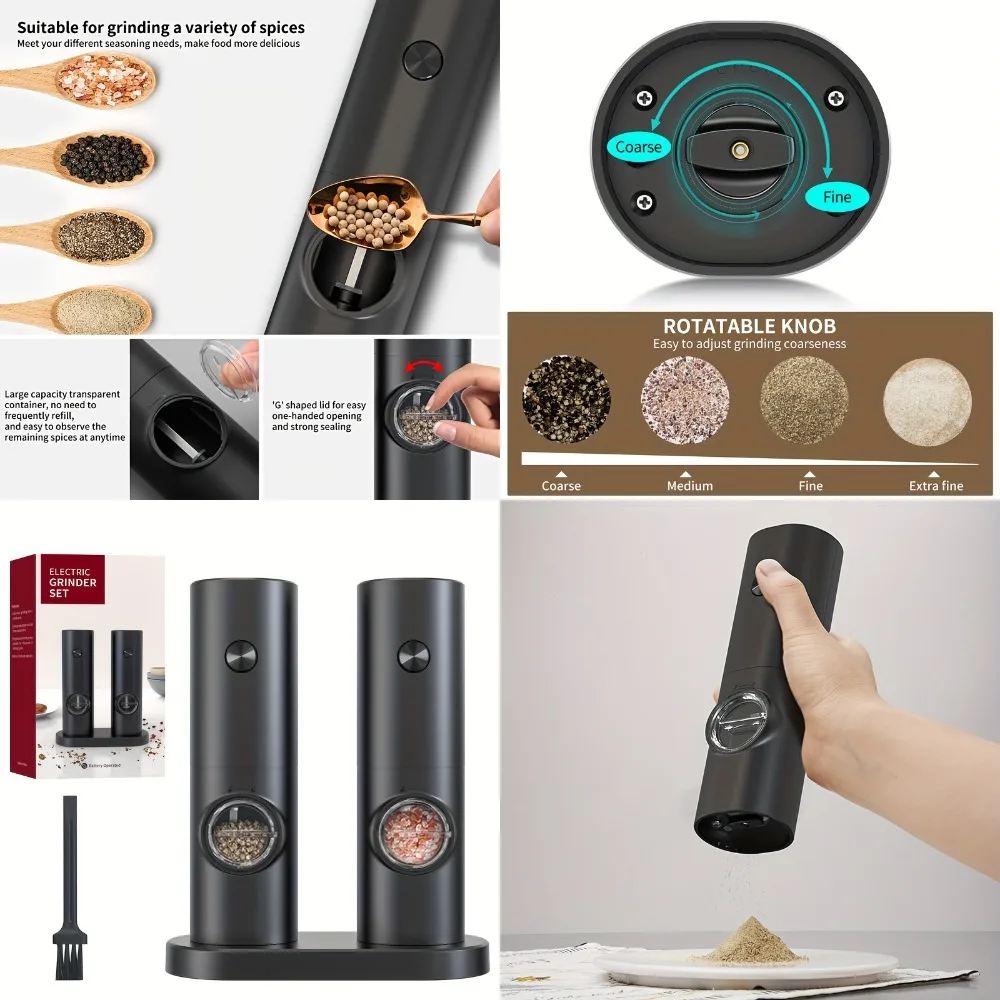 

C009-Black 2pc Electric Pepper Grinder with Base - Automatic Grinder for Black Peppercorns and Sea Salt, Durable & Efficient Ki