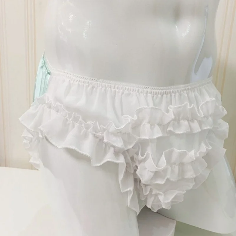 

Men's Sexy Briefs Couples Glossy Soft Ruffled Briefs Sissy Panties Transparent Chiffon Fluffy Cake Underwear BF Private Party