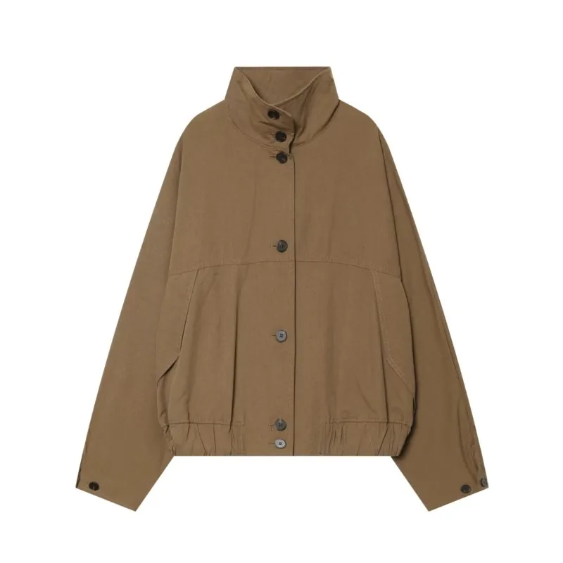 

Women's Jacket New 2026 Spring Autumn Women High-Neck Simple Elastic Hem Solid Color Button Coat Female Chic Overcoat