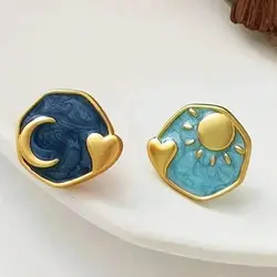 Cute Sun Moon Pattern Two Colors Tiny Epoxy Stud Earrings For Women Chic Design Deep Blue And Light Blue Color Posting Earrings