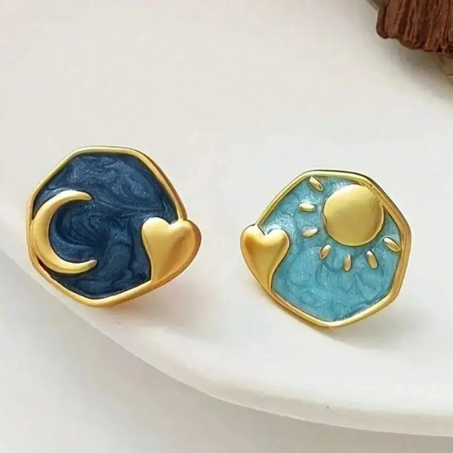 Cute Sun Moon Pattern Two Colors Tiny  Epoxy Stud Earrings For Women Chic Design Deep Blue And Light Blue Color Posting Earrings