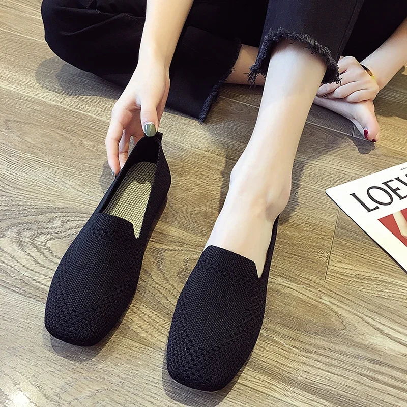 2023 Plus Size Spring New Ballet Flats Women Square Toe Knit Fabric Loafers Breathable Flat Heel Drive Shoes Driving Sneaker