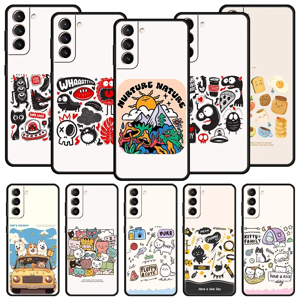 Phone Case For Samsung Galaxy S26 S25 FE S24 S23 S22 S21 Ultra S20 5G S10E Plus Protect Cover Art Doodle Cute Dog Kitten Cat