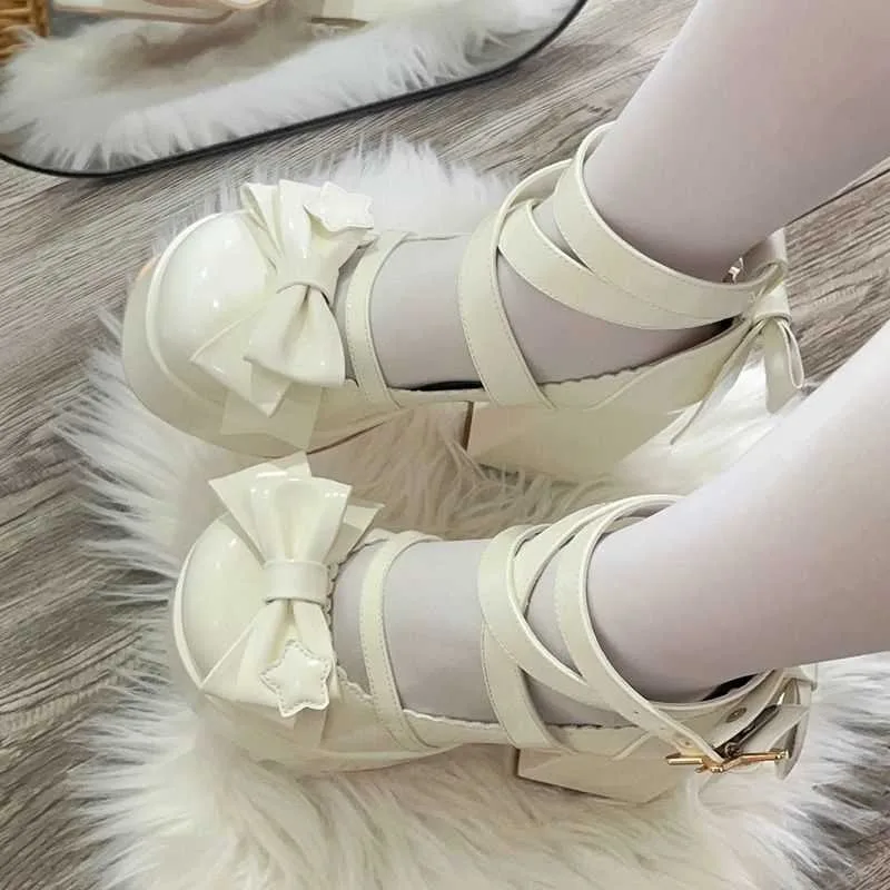 2024 Lolita Shoes Women Mary Janes High Heels Shoes Chunky Sandals Summer Fashion Retro Bow Party Platform Pumps