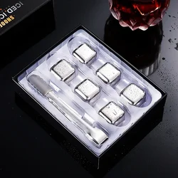 6Pcs Stainless Steel Ice Block Set for Whiskey Wine Cooling Cube Chilling Rock Party Bar Tool Color Box Reusable Chilling Stones