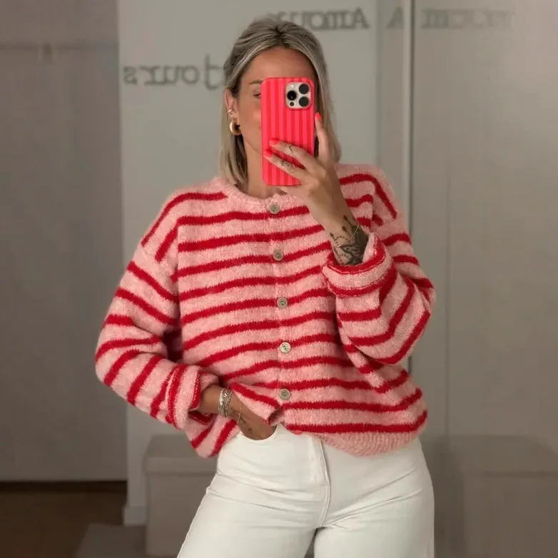 nuovo stile primaverile da donna di cardigan classico a righe con fibbia per pendolari slim fit da donna