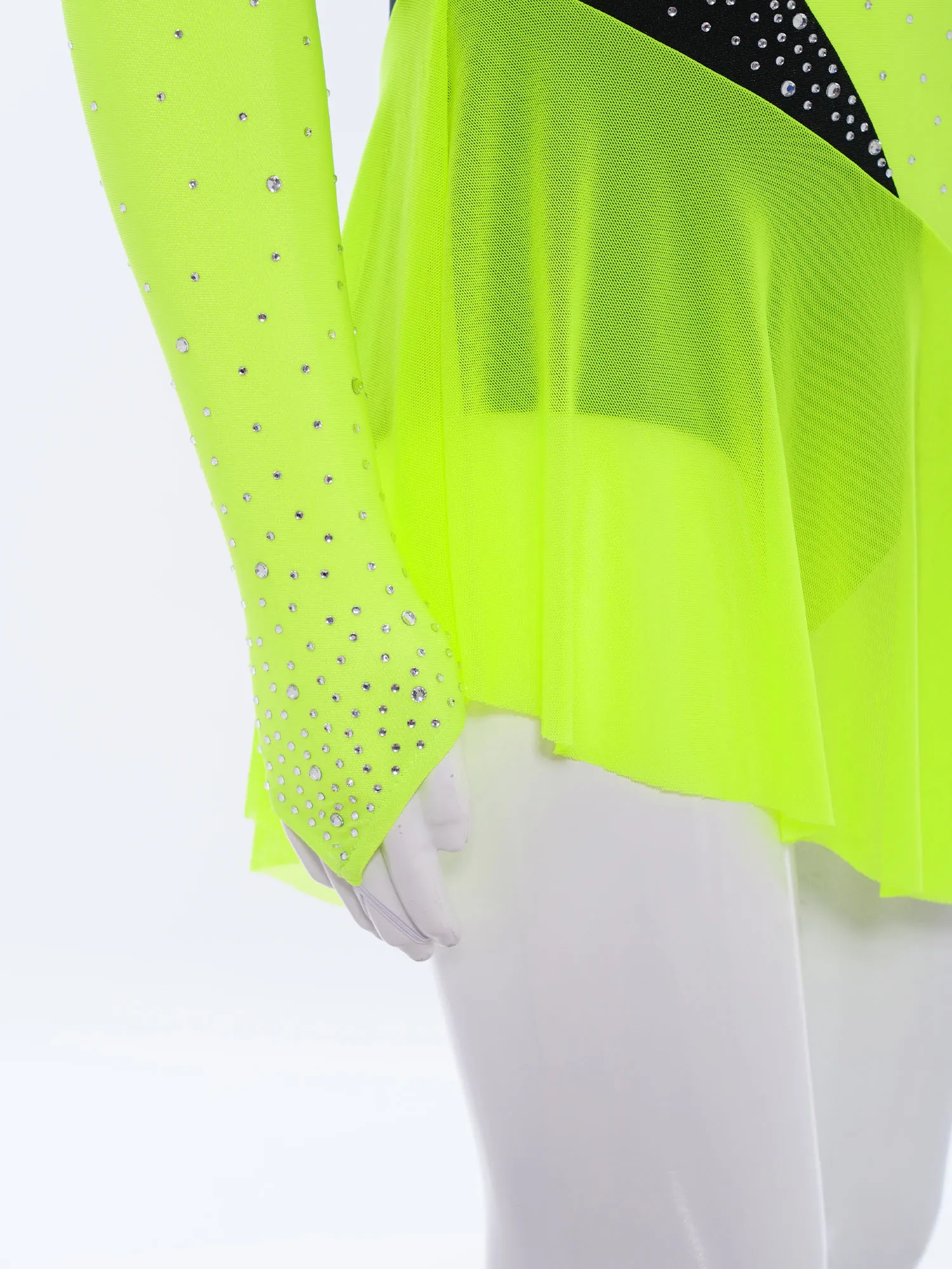 Kids Girls Figure Skating Dress Long Sleeve Sheer Mesh Gymnastics Ballet Leotard Sparkly Rhinestone Rhythmic Dance Bodysuit