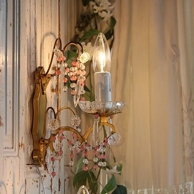 French antique wall lamp with pink beads Napoleon III beautiful crystal wall lamp