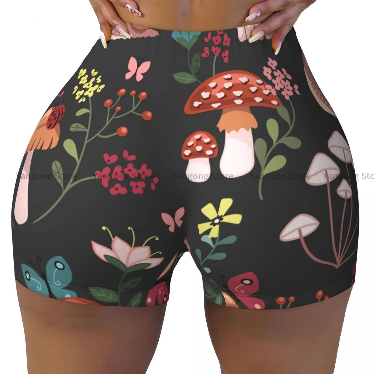 

Yoga Shorts Whimsical Mushrooms Snails Butterflies Ladybugs Women Biker Tight Elastic Workout Sports Leggings Sportswear