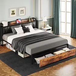 LIKIMIO California King Size Bed Frame, Storage Headboard with Charging Station, Platform Bed with Drawers, No Box Spring Needed