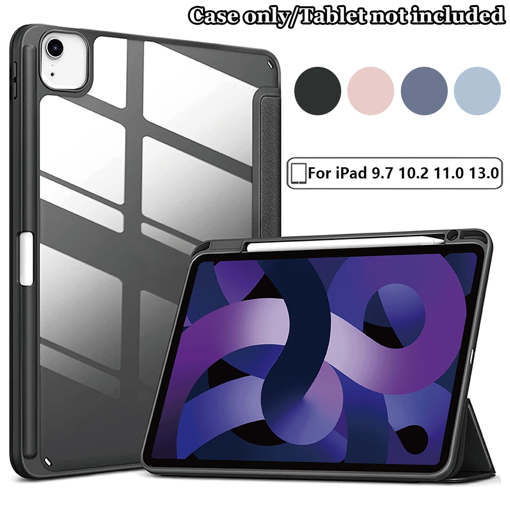 Für Apple iPad 5 6 7 8 9 10 11 Air 4 5 6 7 Pro 11 12,9 Air 13 Hülle mit Stifthalter Tri-Folding Acryl Clear Back Smart Cover