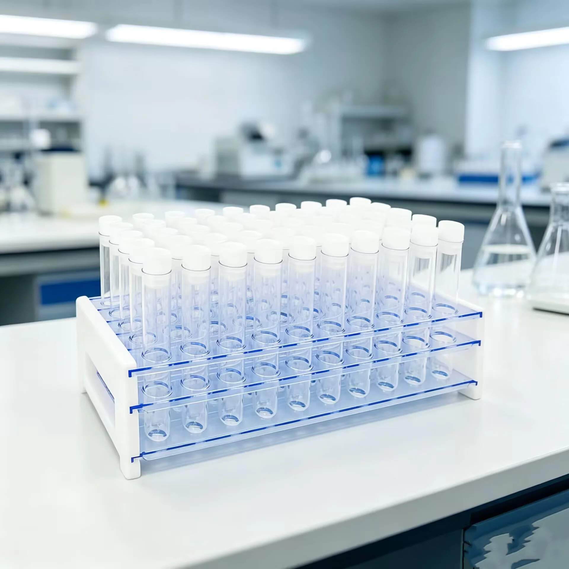 50 Transparent Plastic Test Tubes with Racks, 10 ml Test Tubes with Lids and 50-Hole Test Tube Racks for Scientific Experiments image 2