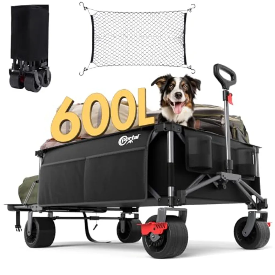 

26 Extra Wide 55 Long Foldable Wagon with Tailgate 600L Collapsible Utility Cart in Black with Cargo Net 500 LBs Heavy Duty wit