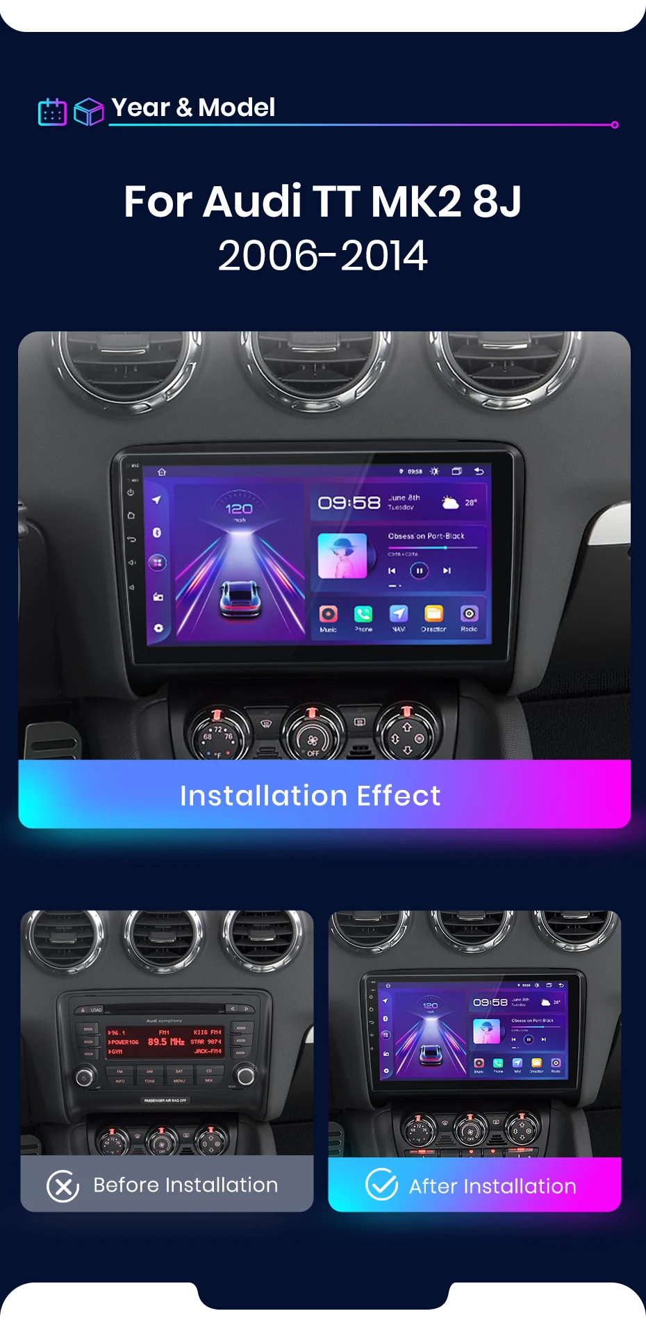 Junsun AI 4G LTE Wireless CarPlay Android Auto Autoradio für Audi TT MK2 8J 2006 2007 2008 2009 2010-2014 GPS Navi BT DSP RDS FM – Detail 3