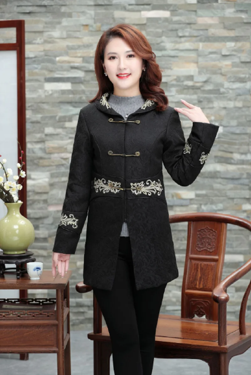 Wholesale New Women Chinese Style Embroidery Long Jacket Autumn Winter Ladies Windbreaker Jackets Fashion Slim Tang Suit Coat