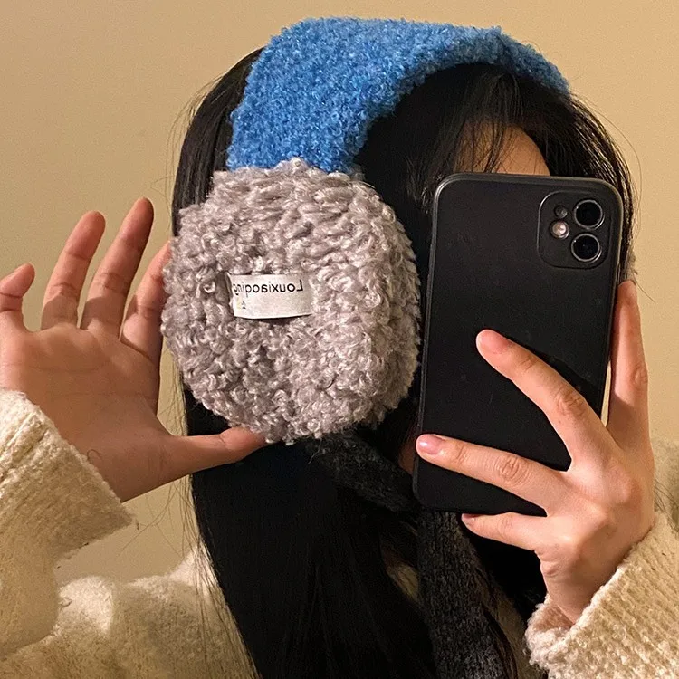 Korean style color blocked lambskin plush ear muffs thickened warmth cold protection winter ear protection straps cute ear bags