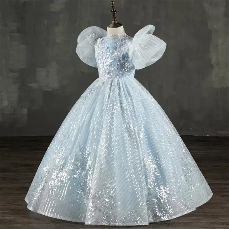 Ballkleid Prinzessin Pageant Kleider Blumen Mädchen Kleider für Hochzeit Pailletten Applique Tüll Mädchen Geburtstag Party Kleid