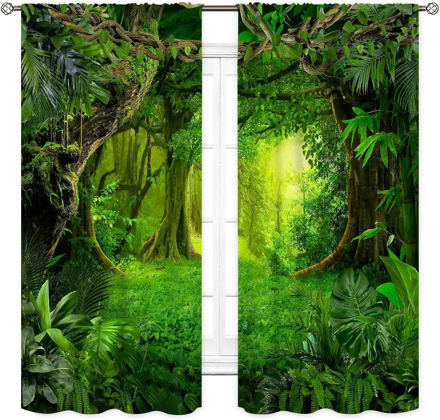 Jungle Curtains for Bedroom, Forest Green Nature Tropical Palm Jungle Trees Rainforest Woodland Wildlife Landscape Scenery Print