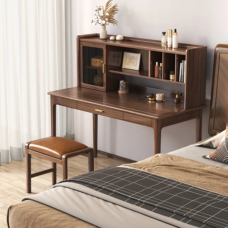 Meja kerja kayu walnut hitam bergaya Nordik simpel modern, kayu solid, untuk rumah, siswa, komputer, dengan rak buku