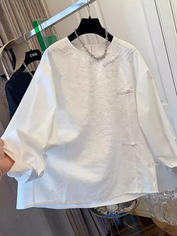 

plus Size 300 Pounds Chinese Style Lace round Neck Shirt Men Women Spring Autumn Traditional Chinese Style Button up Top