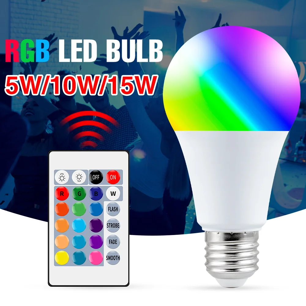 

Светодиодная RGB-лампа 15 Вт, умная, E27, 16 цветов, с пультом ДУ, диммируемая, для люстры, 220В/110В, атмосферное освещение для дома, Рождество