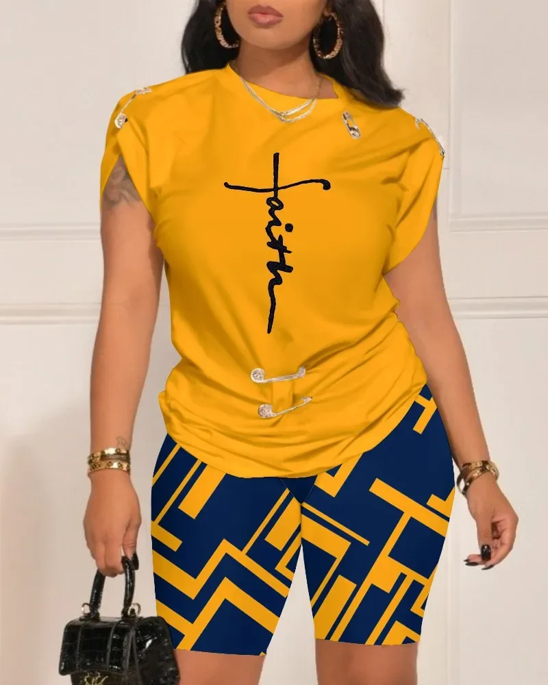 Conjunto de dos piezas para mujer, traje informal de manga corta con estampado de letras y cuello redondo, camiseta y pantalones cortos, verano 2023