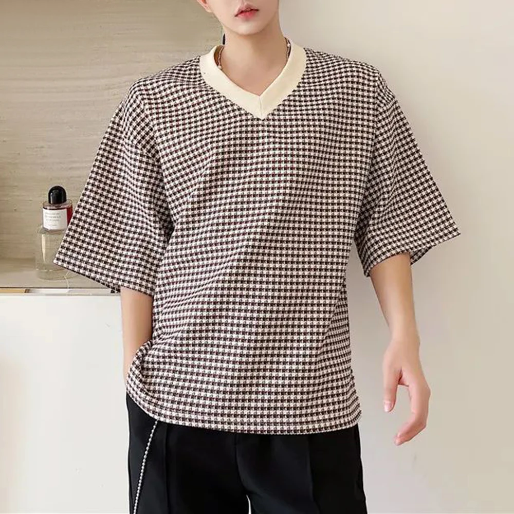 

Mens Houndstooth Casual T-Shirt Genderless 2024 New Fashion Temperament Versatile Commuting Simple Short Sleeve Top Unisex