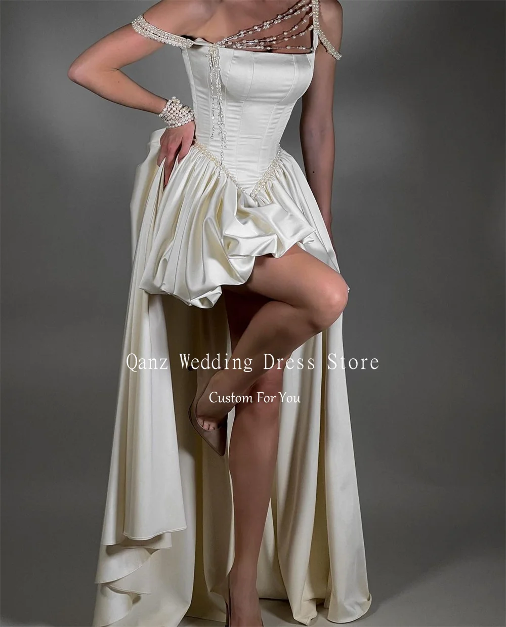 Qanz Modern Wedding Dress Detachable Tail Spaghetti Straps Abiti Da Sposa Short A Line Satin Pearl Tassels Robe De Mariee 2024