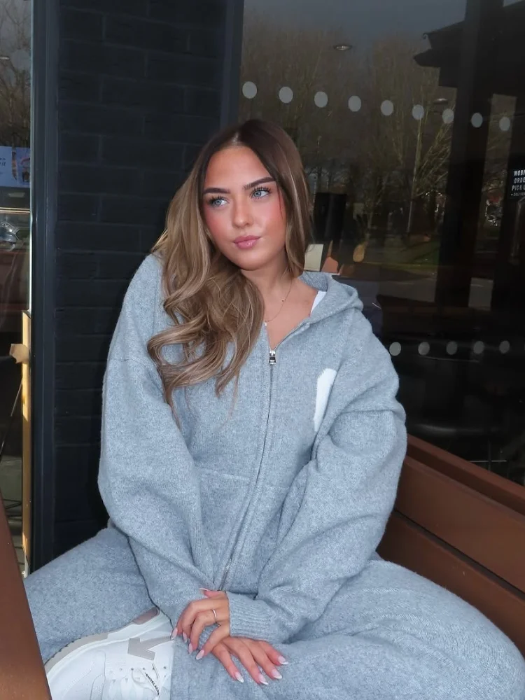 سترة متماسكة فستان أطفال مع سروال داخلي المرأة قطعتين مجموعة فضفاض سستة كم كامل بنطلون مستقيم 2025 الخريف جديد سيدة الزي