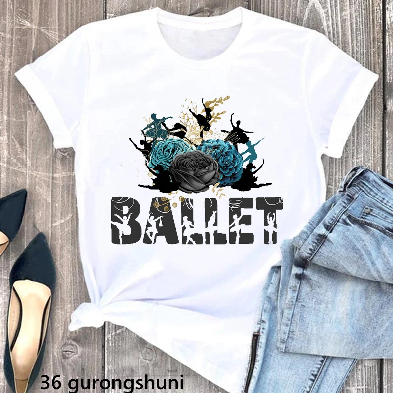 Ballet Dancer Flowers Print Tshirt Women'S Clothing Summer Short Sleeve T Shirt Female Harajuku Shirt White Casual T-Shirt Tops