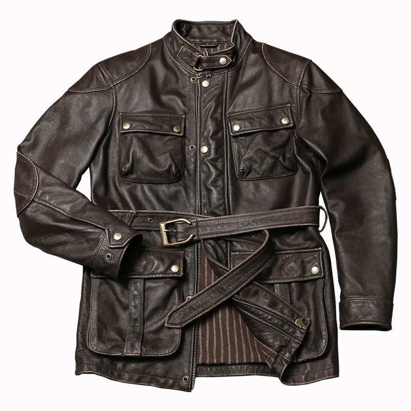 Dark Brown Winter Leather Jacket Men Vintage Style Plus Size 4XL Genuine Natural Thick Cowhide Stand Collar M65 Safari Coat