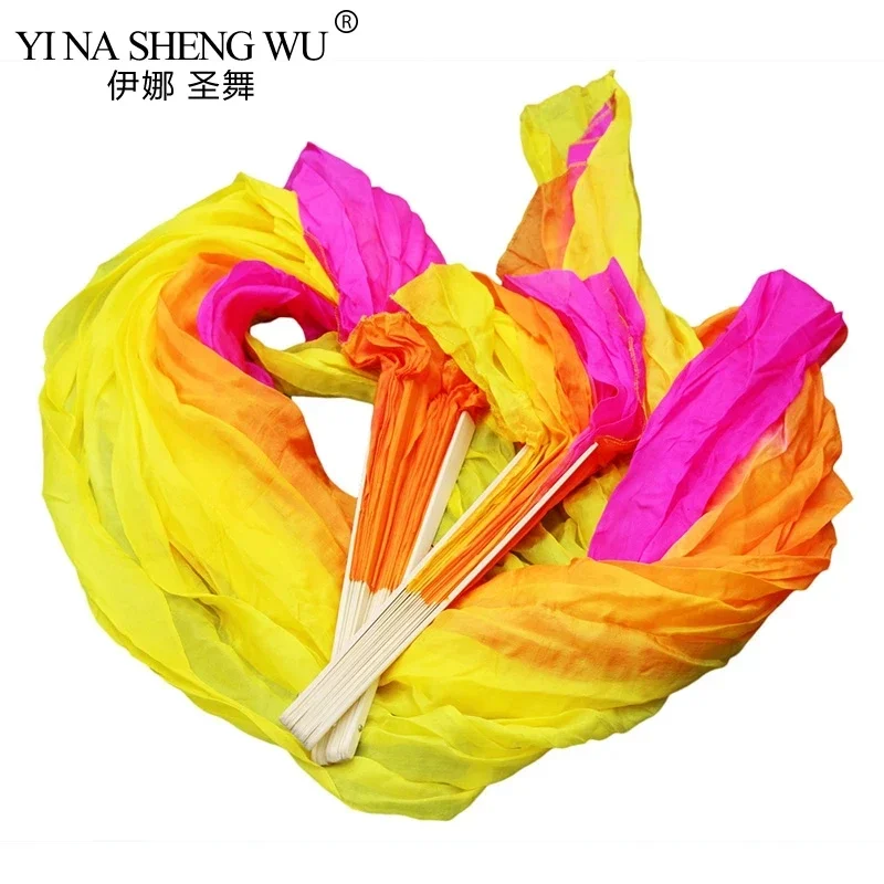 

Веера для танцев из натурального шелка с бамбуковыми спицами, 1 пара, ручная работа, окрашенные, 5 момме, 100% шелк, для восточных танцев, реквизит для танцев, 180x90 см