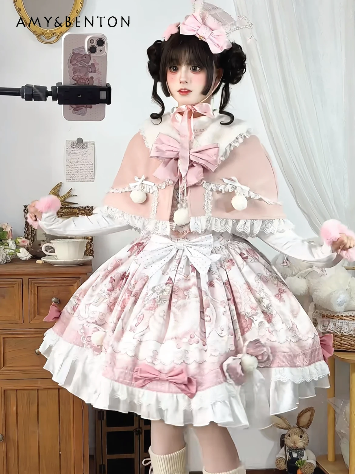 

Original Sweet Girl Lolita Daily JSK Dress Cloak Two-Piece Set Autumn Winter New Elegant Temperament Princess Cloak Outfits