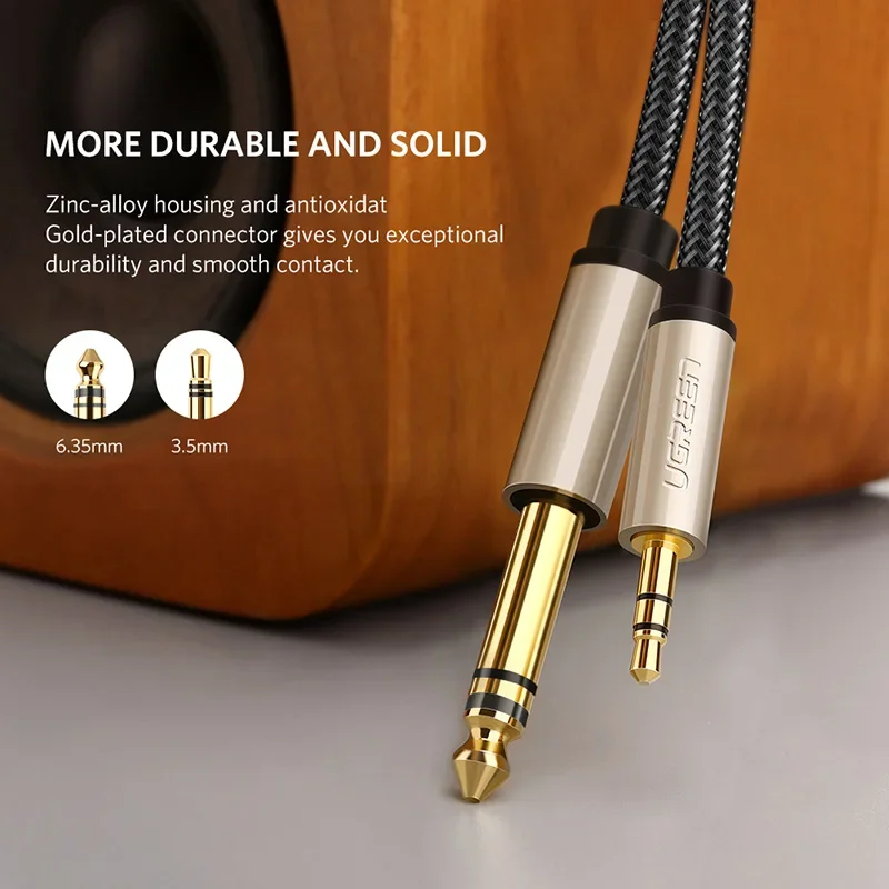 Ugreen 1/8 to 1/4 Stereo 3.5mm to 6.35mm Adapter Aux Cable Guitar to Aux Male Cord with Zinc Alloy Housing and Nylon Braid