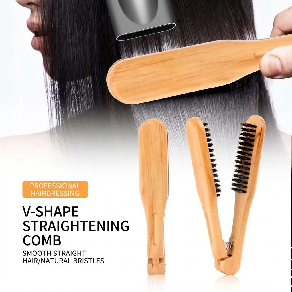 

New Professional Hair Straightener Comb Double Brushes Wooden V-shaped Clamp Comb Women Hair Brush Anti Static Hairdressing Comb