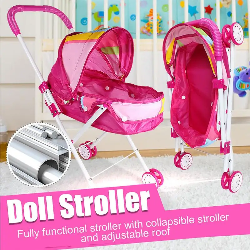 2 In 1 Baby Doll Stroller With Retractable Canopy And Soft Grip Handle Detachable Realistic Durable Carry Cot For Dolls Toys