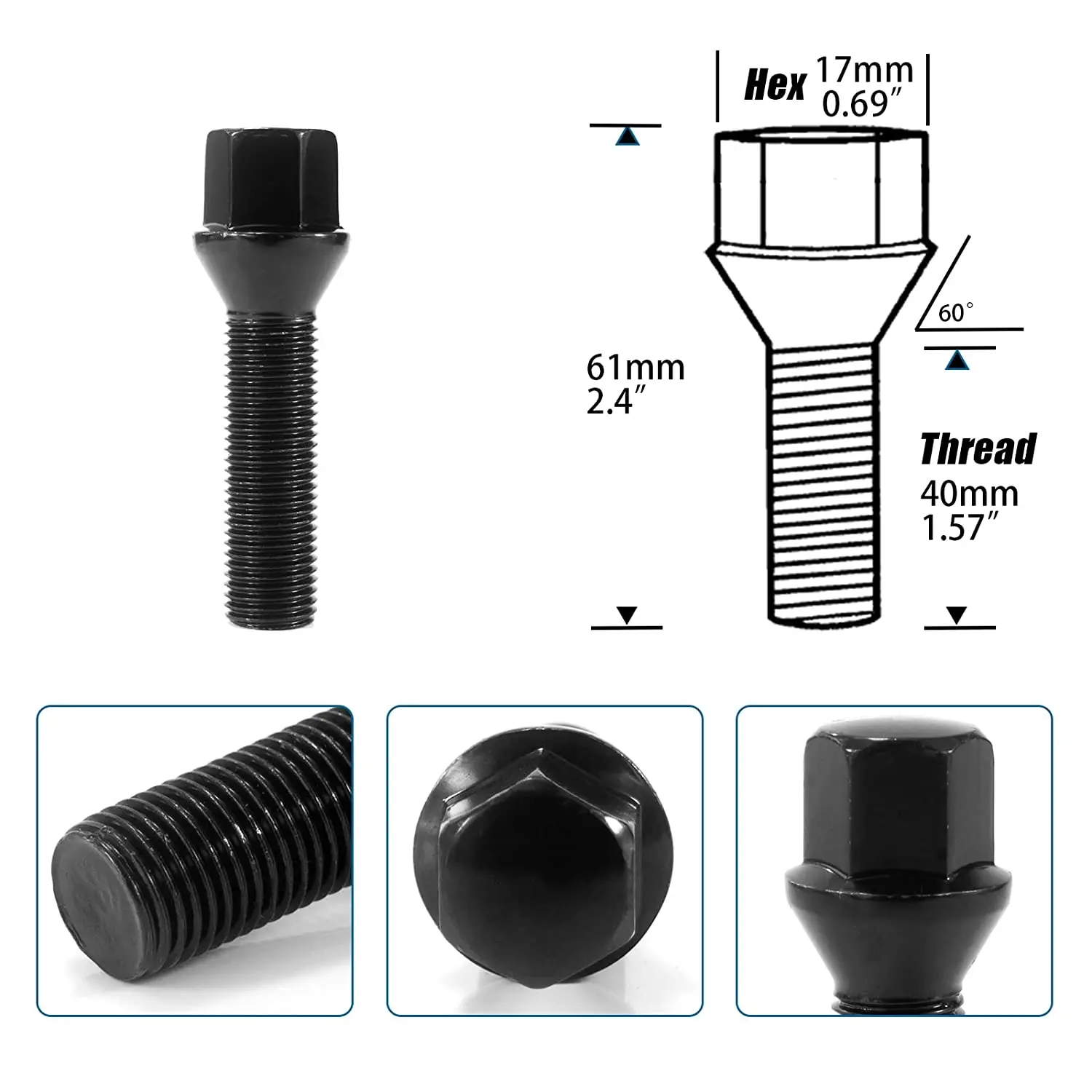 10pcs M14x1.25/M14x1.5 Black Lug Bolts 17 hex 28mm/40mm/42mm/45mm/47mm Thread Shank Length Wheel Bolts Cone Seat