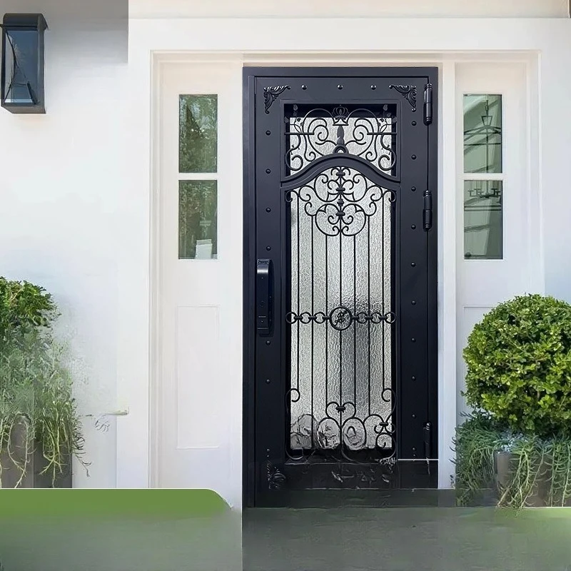 French high-end hand-forged villa wrought iron double open single entrance courtyard wrought iron glass