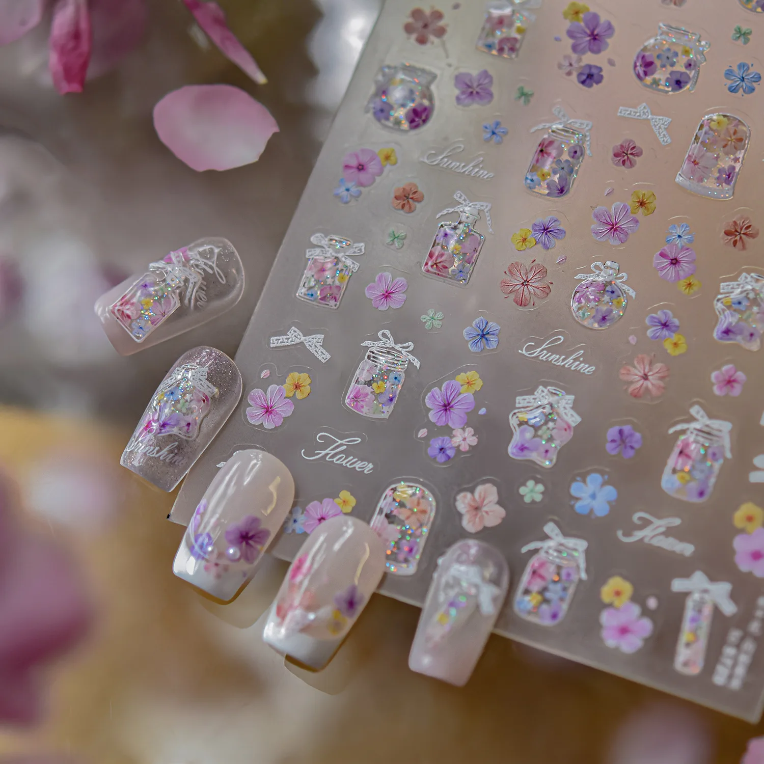 

Exquisite A Bottle of Flowers Nail 3D Decorations Sticker 5D Sparkling Jelly Nail Stickers Summer Self Adhesive Nail Art Decals