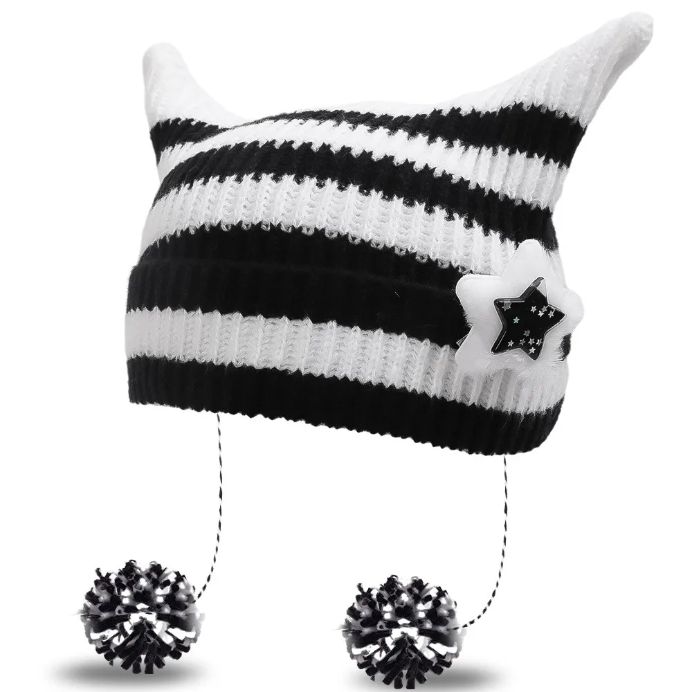 

Sweet Harajuku Cat's Ears Knitted Hat Y2K Star Slouchy Knitted Beanies Korean Style Crochet Woolen Hat Winter