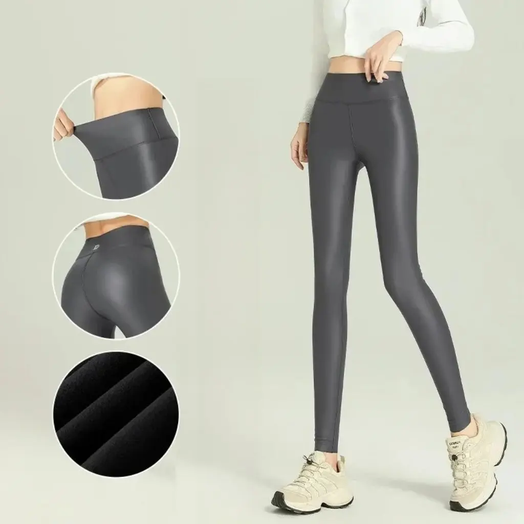 

plus Size Baby PU Leather Pants High Waist Slim-fit Tight Velvet Leggings Thickened Warm Outer Wear for Women