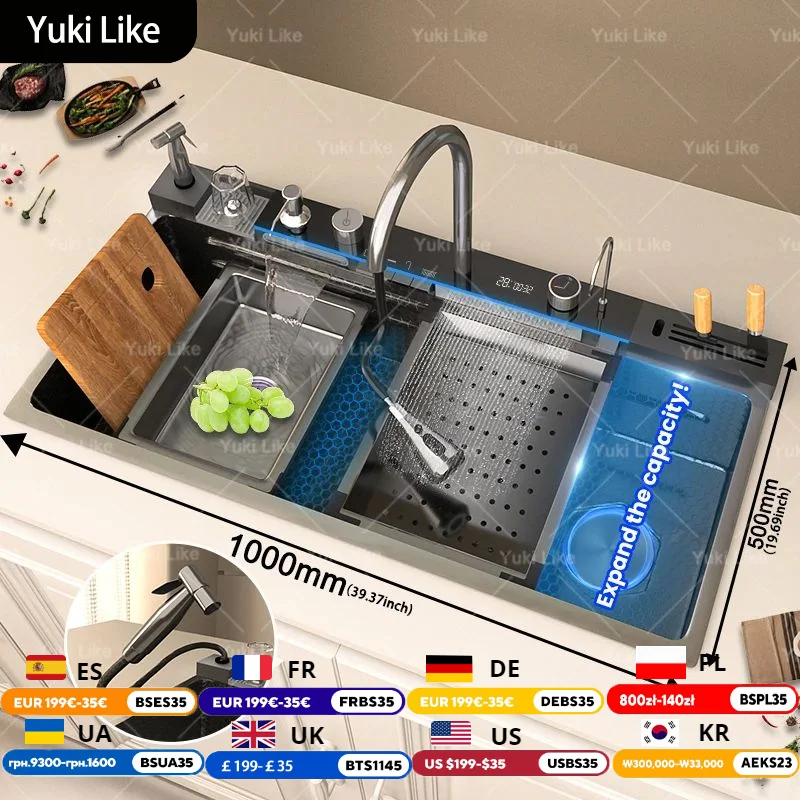 Lavello da cucina in acciaio inossidabile con cascata Display digitale extra large a fessura singola Lavabo per lavastoviglie Lavelli oversize 100x50 cm
