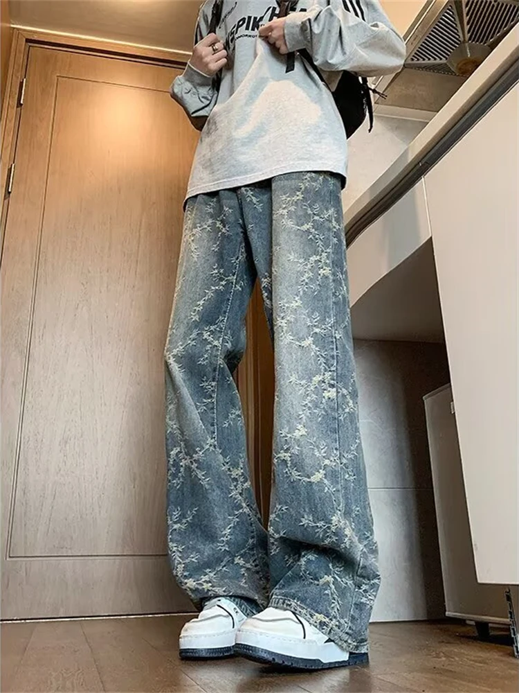 Calças Jeans Americanas Bordadas de Corte Reto Solto para Homens e Mulheres, Estilo Casual, Tendência Primavera, Marca Lavada...