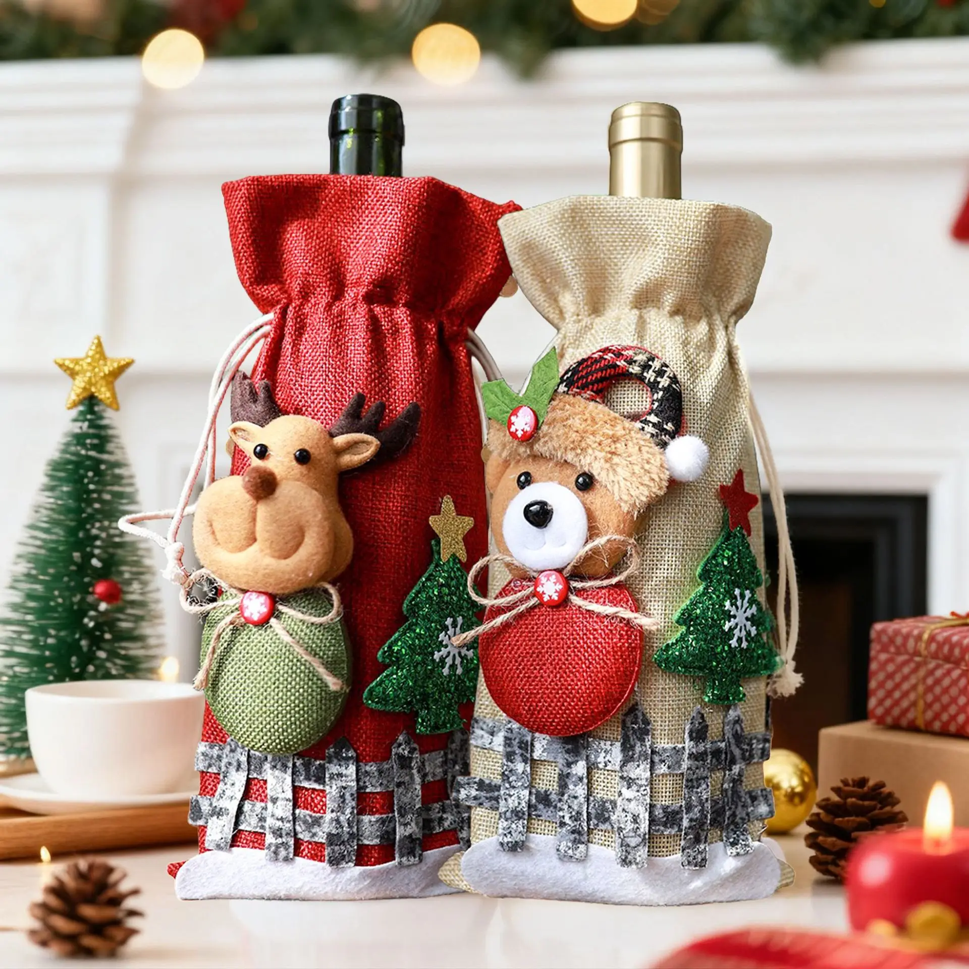 New Christmas Linen Drawstring Bottle Cover Fence Figurine Bottle Bag Christmas Decoration Table Decoration