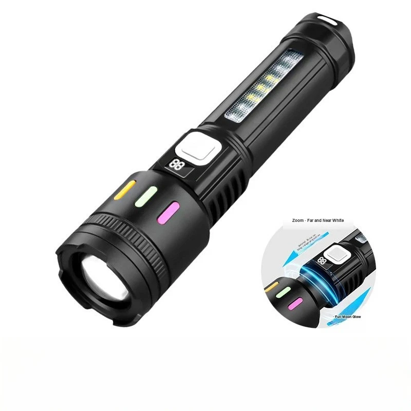 LED Flashlight Rechargeable Strong Light Long Runtime Lithium Battery Portable Zoomable COB Work Light for Outdoor Emergency