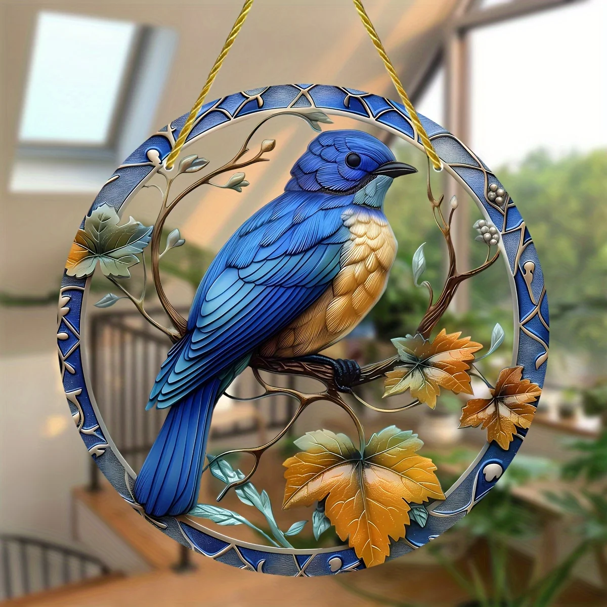 Blue bird Stained Window Hanging Light Catcher,Round Acrylic Sign,Garden,Home Office Decor,Gift For Bird Lovers Friends Gift