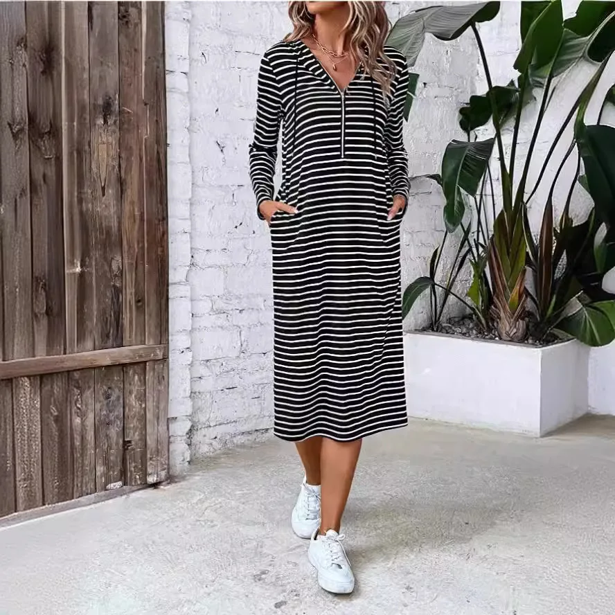 Damska sukienka z długim rękawem, dekoltem w serek, w paski, wyszczuplająca, modna, z kapturem, na lato 2025.