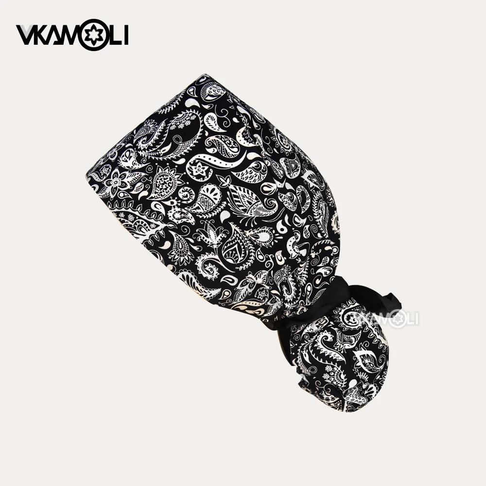 Black printed surgical cap 100% cotton long hair care cap dustproof ponytail cap